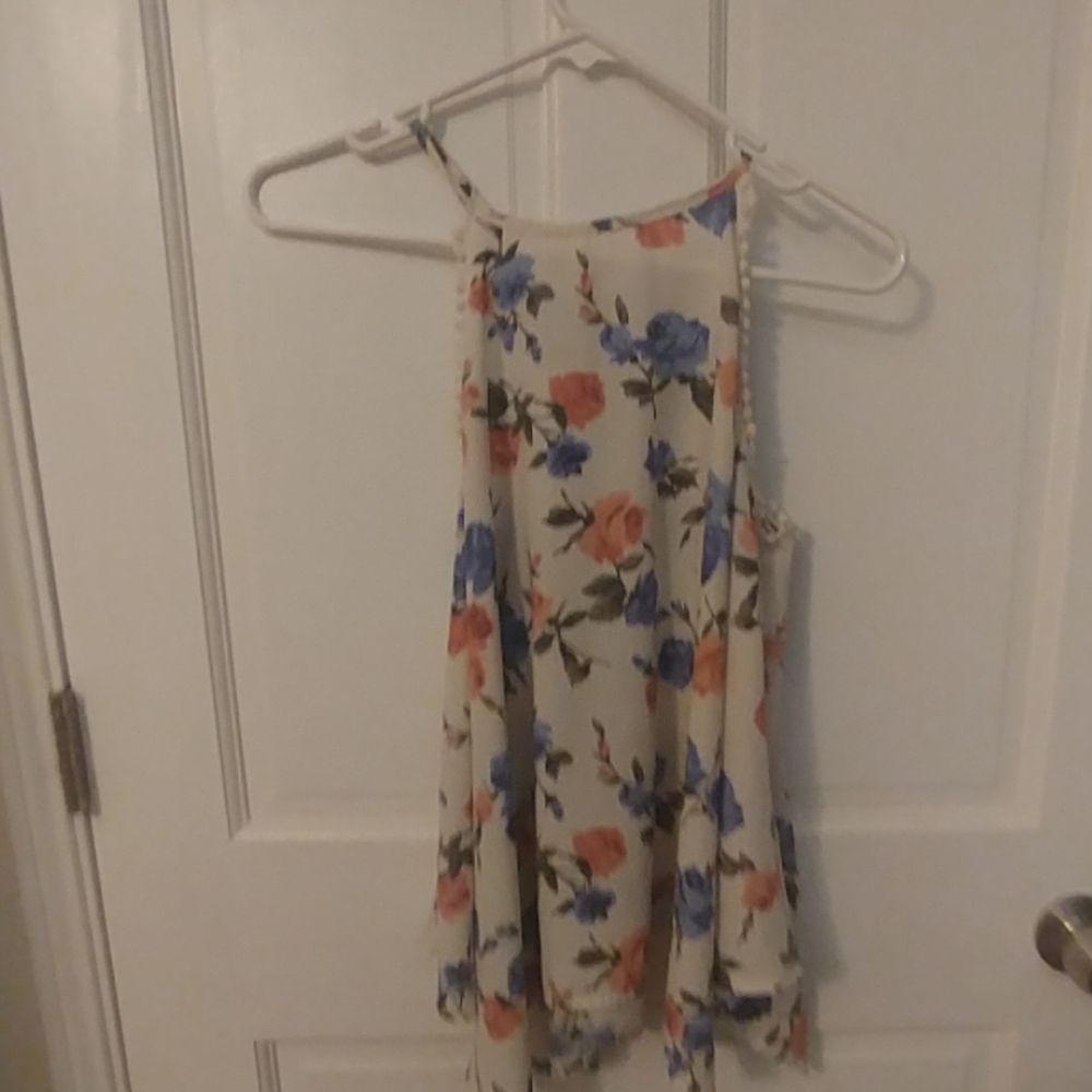 Blue and pink rose flowered halter top.